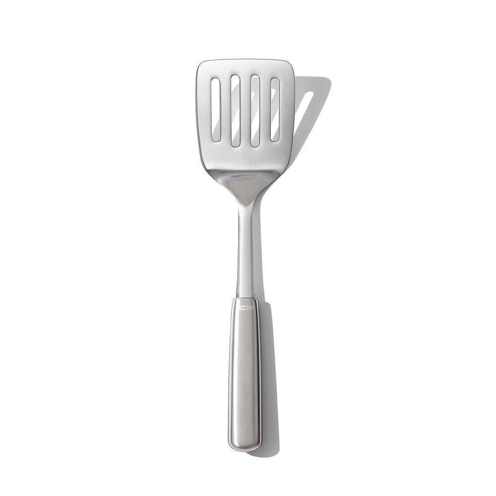 OXO Steel Cooking Turner front view with stainless steel head