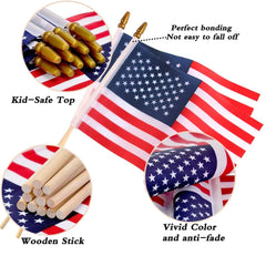 Pack of 12 small American flags on sticks for outdoor decoration