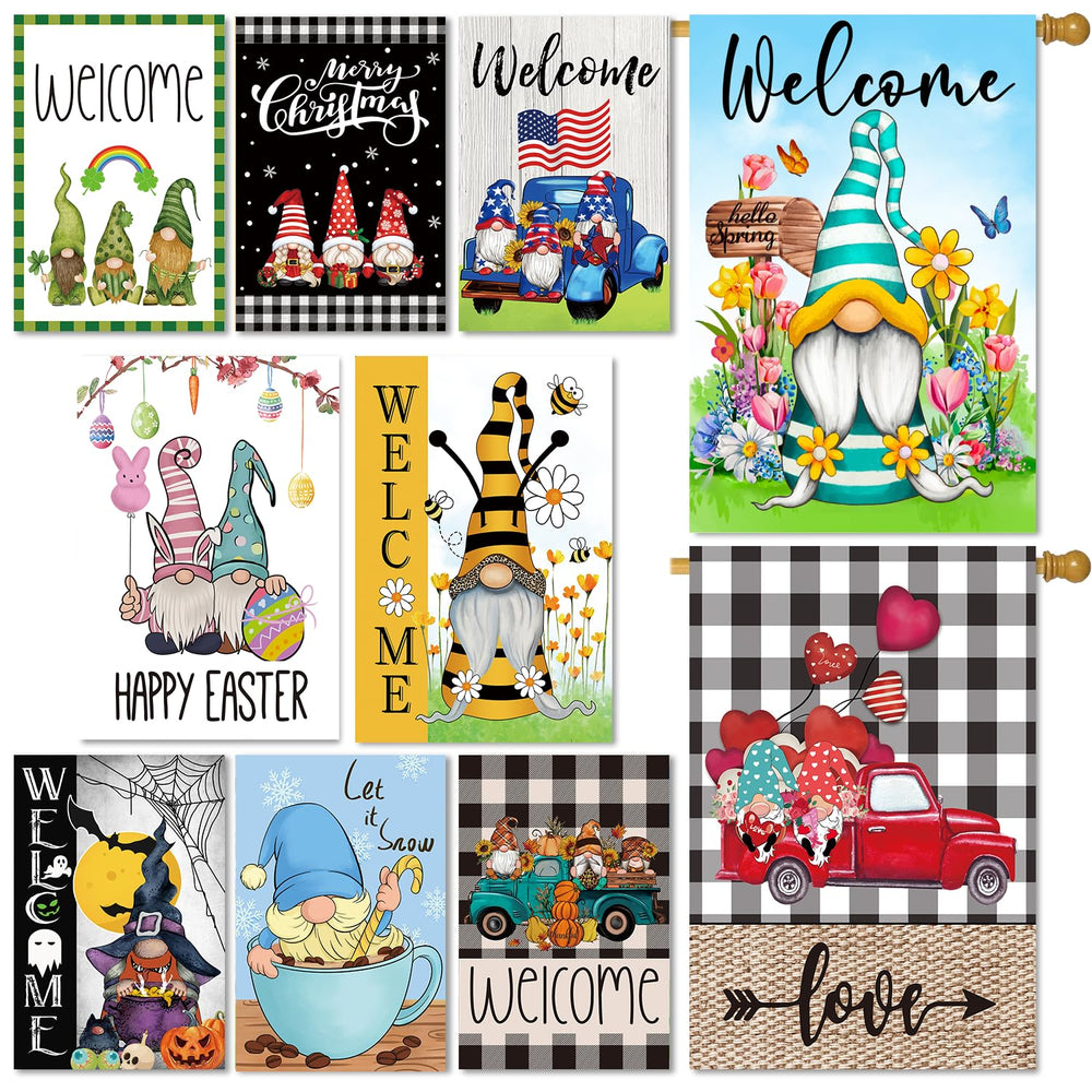 Pating Gnome Seasonal Garden Flags Set of 10, showcasing vibrant designs