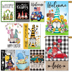 Pating Gnome Seasonal Garden Flags Set of 10, showcasing vibrant designs