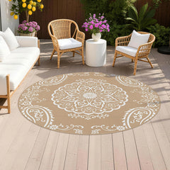 Pauwer Outdoor Rug 6ft round boho brown design front view