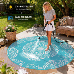 Pauwer Outdoor Rug 8ft Boho Teal with floral pattern