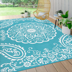 Pauwer Outdoor Rug 8x10 Boho Teal front view