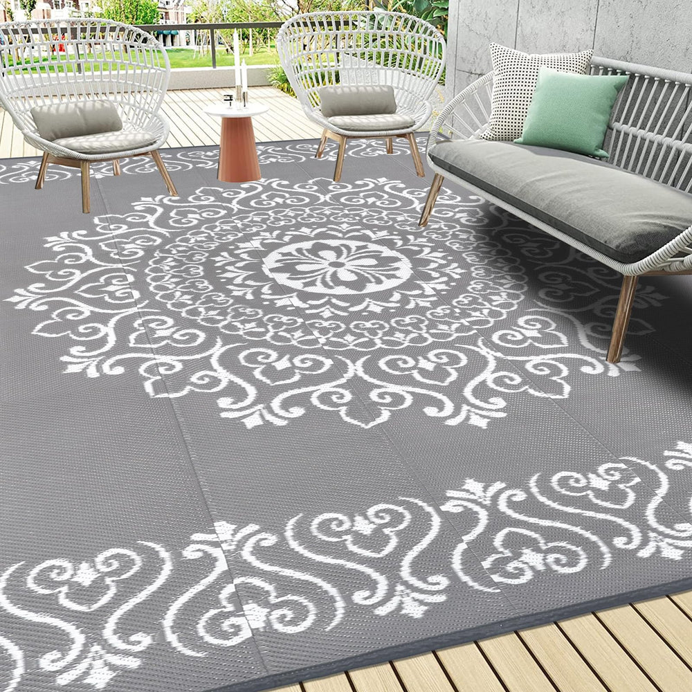 Pauwer Outdoor Rug 8x10 Floral Grey front view