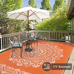 Pauwer Outdoor Rug 8x10 Floral Orange with carrying bag