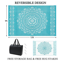Pauwer Outdoor Rug 9x12 Floral Teal with carrying bag