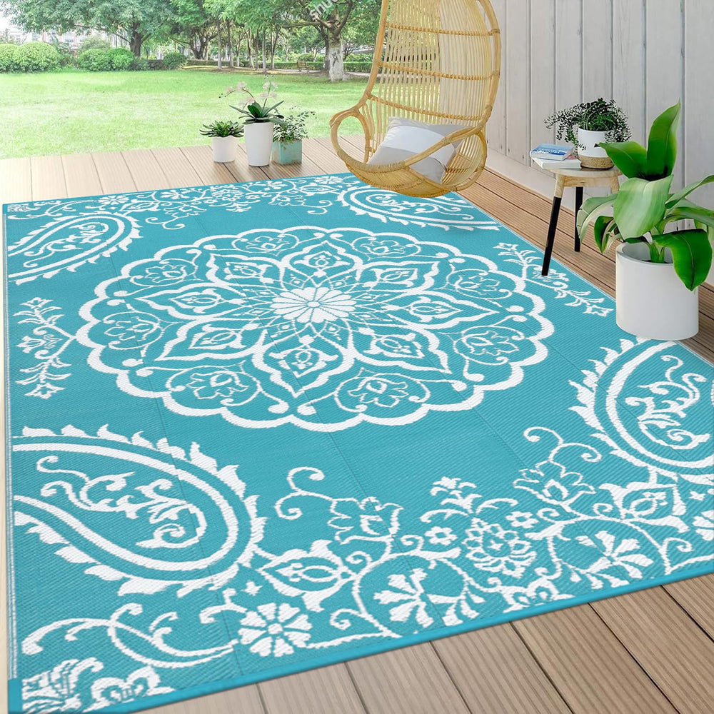 Pauwer Reversible Outdoor Rug 6'x9' Boho Teal front view
