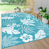Pauwer Waterproof Outdoor Rug 5' x 8' Floral Teal front view