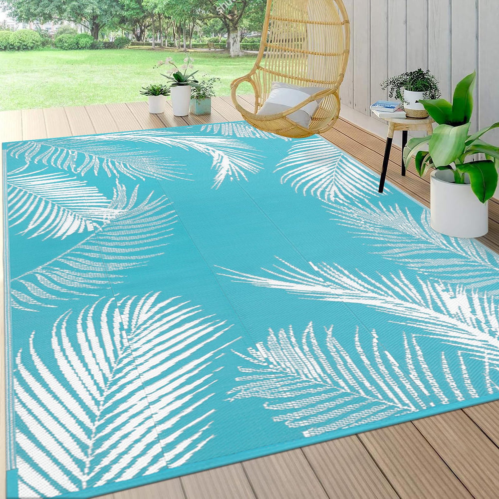Pauwer Waterproof Outdoor Rug 5x8 in Leaf Teal front view