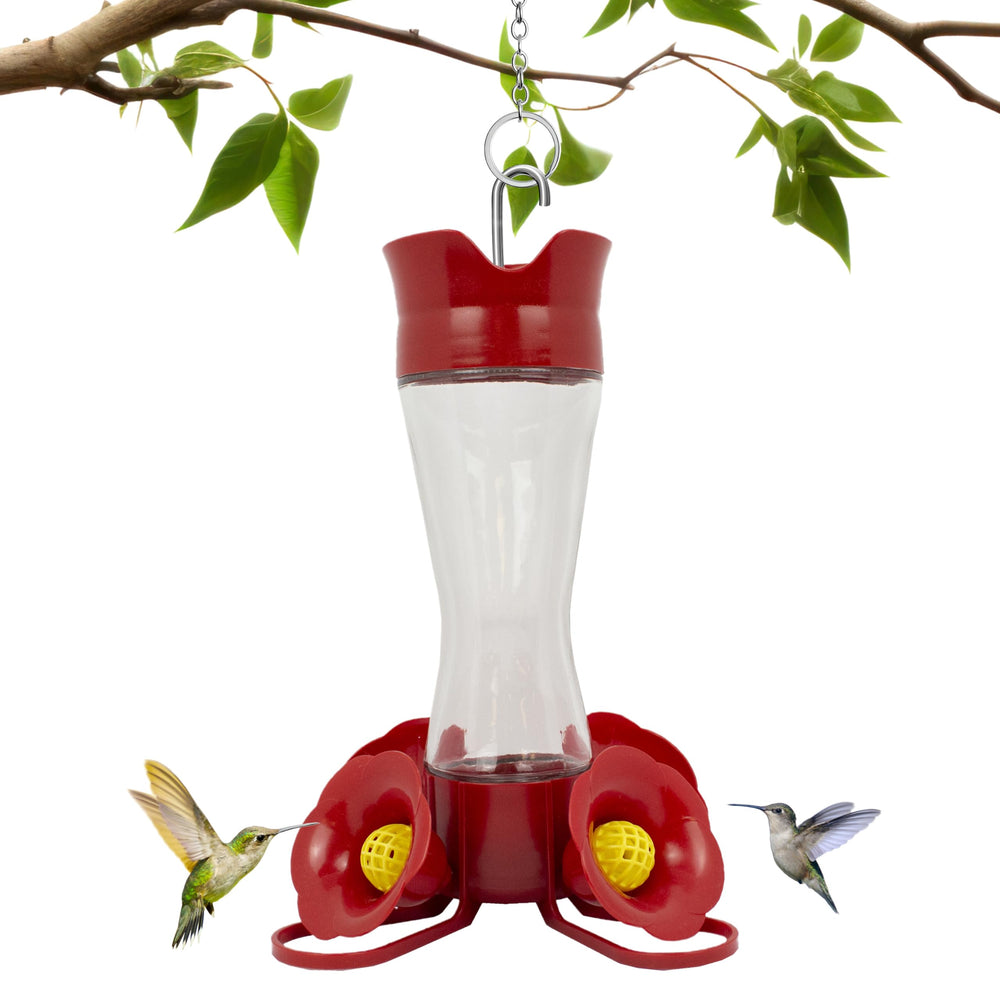 Perky-Pet Glass Hummingbird Feeder front view with ant moat