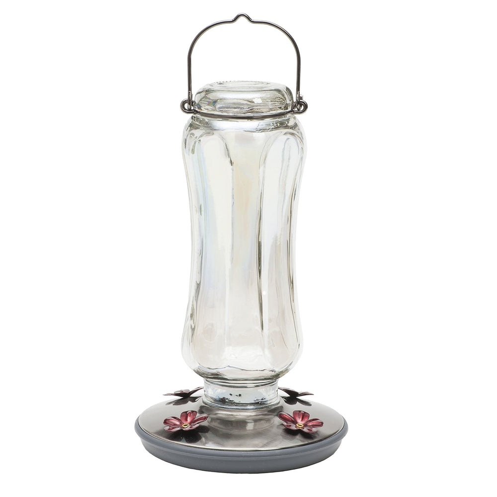 Perky-Pet Starglow Vintage Glass Hummingbird Feeder front view with iridescent finish
