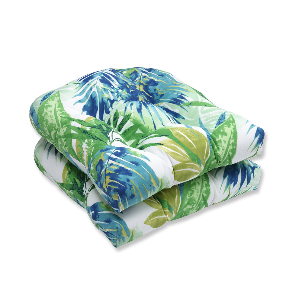 Pillow Perfect Tropic Botanical seat cushions front view in Blue/Green Soleil