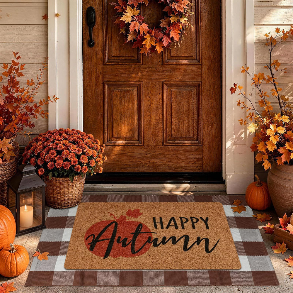 PIXFAIRY 2-Piece Fall Front Door Mat Set with coir and buffalo plaid