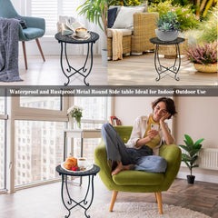 Plant Castle Round Side Table Set of 2, black metal, wreath pattern