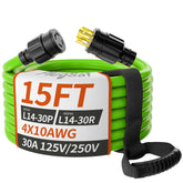 PlugSaf 15FT 30 Amp Generator Cord front view with twist locking plug