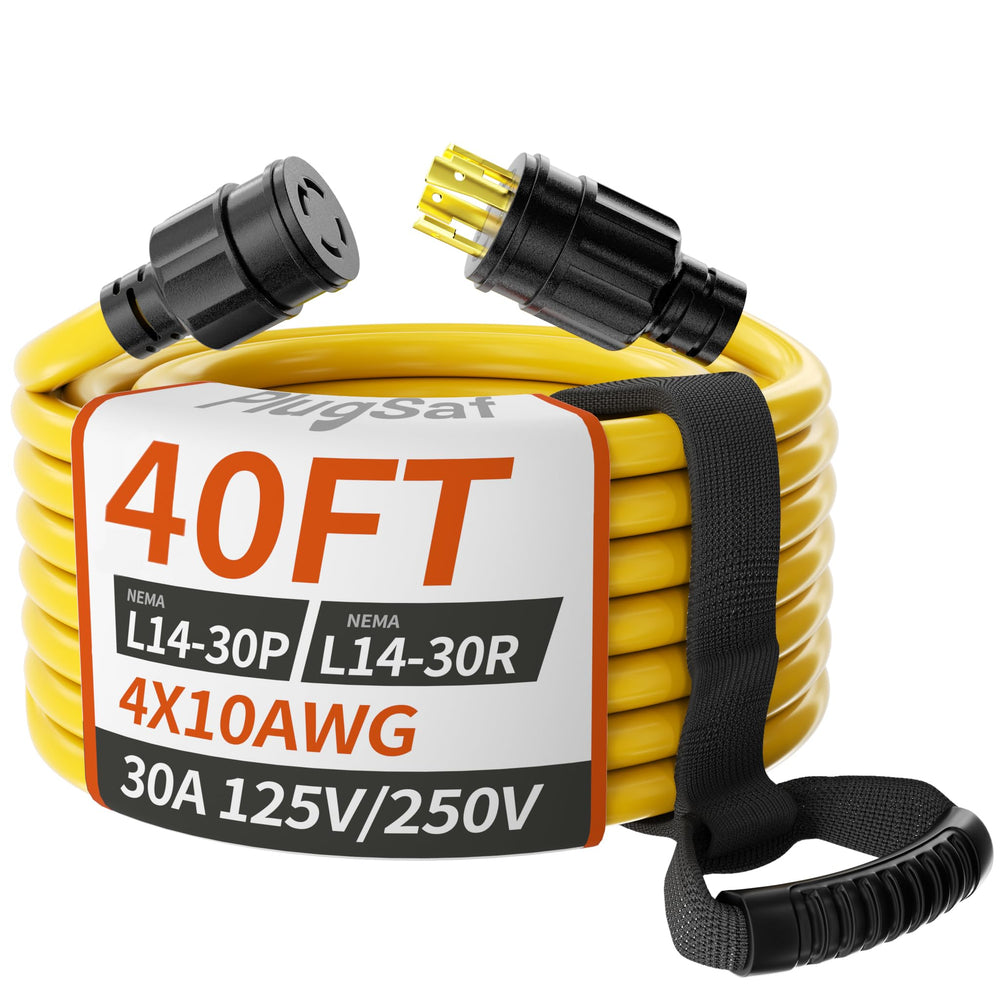PlugSaf 40FT 30 Amp generator cord yellow color front view