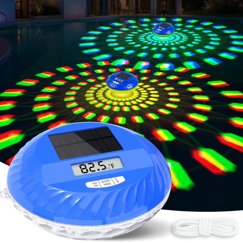 PoolBliss Solar Pool Light in blue floating in a pool
