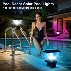 Pooldecor Solar Pool Lights illuminated at night next to pool
