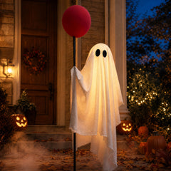Power Your Lawn 6 FT life-size ghost with red balloon front view