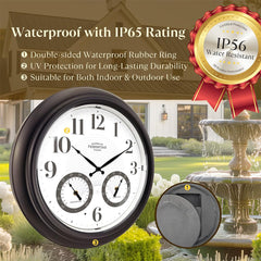 Presentime Outdoor Clock on patio wall with lush garden background