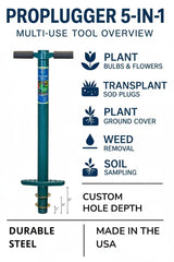 ProPlugger 5-IN-1 Lawn Tool showing planting depth rings