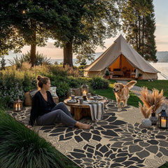 PureCozy 5x7 Black Jute Outdoor Rug on patio
