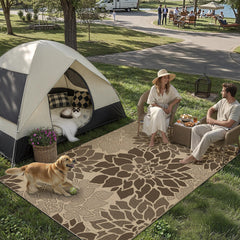 PureCozy 5x7 Brown Outdoor Rug in backyard setting