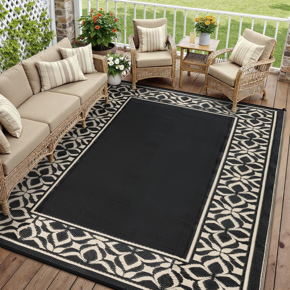 PureCozy Outdoor Rug 10x14 ft in Black Beige Geometric design