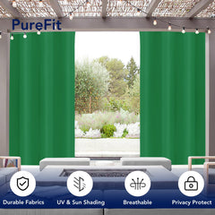 PureFit Outdoor Curtain Green hanging in a patio setting