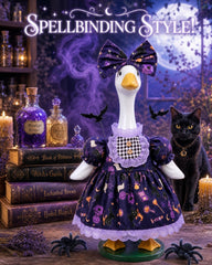 Purple cat dress with plaid bib and lace trims for goose statue