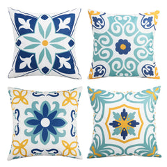 Pyonic Outdoor Pillow Covers set of 4, blue floral design front view