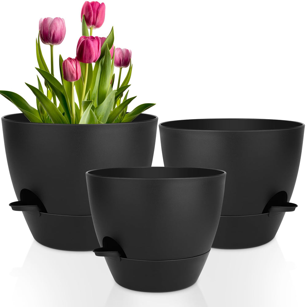QRRICA 12-inch self watering pot in pure black