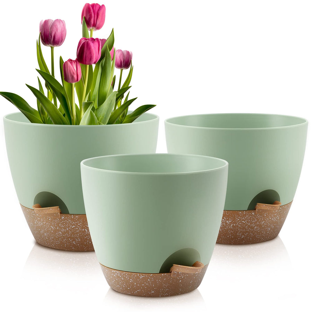 QRRICA self watering pot set including three sizes 10, 9, 8 inch in green