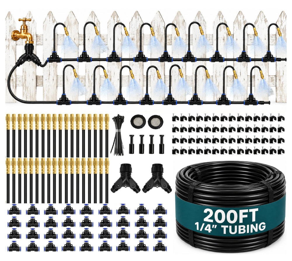 QSTCONGLAN 200FT drip irrigation system kit components including tubing and nozzles