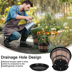 Quarut 12-inch whiskey barrel planters arranged in garden setting