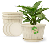 Quarut 16-inch beige planter front view with whiskey barrel design