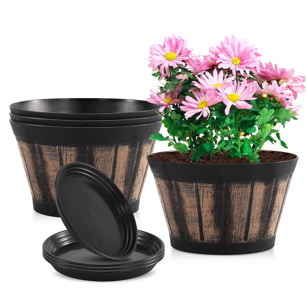 Quarut 8 inch brown plastic whiskey barrel plant pot front view