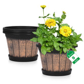 Quarut 9-inch brown plant pot front view with wine barrel design