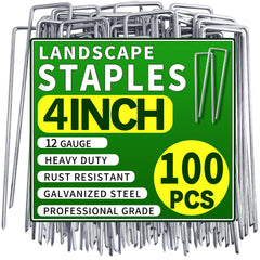 Qucuky 100 Pack Landscape Staples 4 Inch silver garden stakes front view