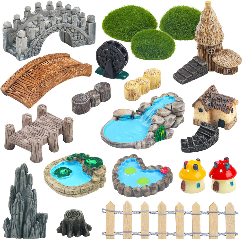 QUOZUO 21 Pcs Fairy Garden Miniatures Accessories set displayed