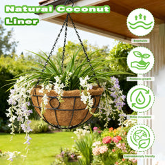 Qusuxi 12 Inch Metal Hanging Basket with flowers in a garden setting