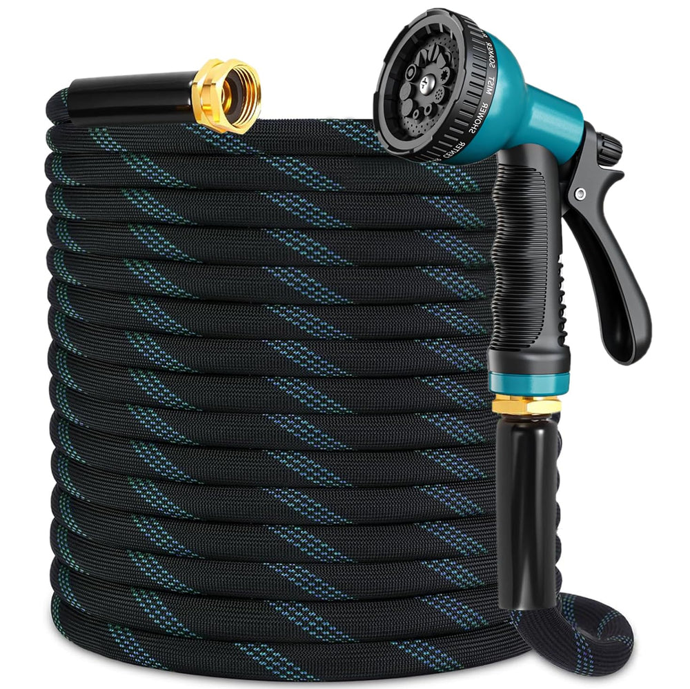 QZ.HAYC Flexible Garden Hose 100ft front view with spray nozzle