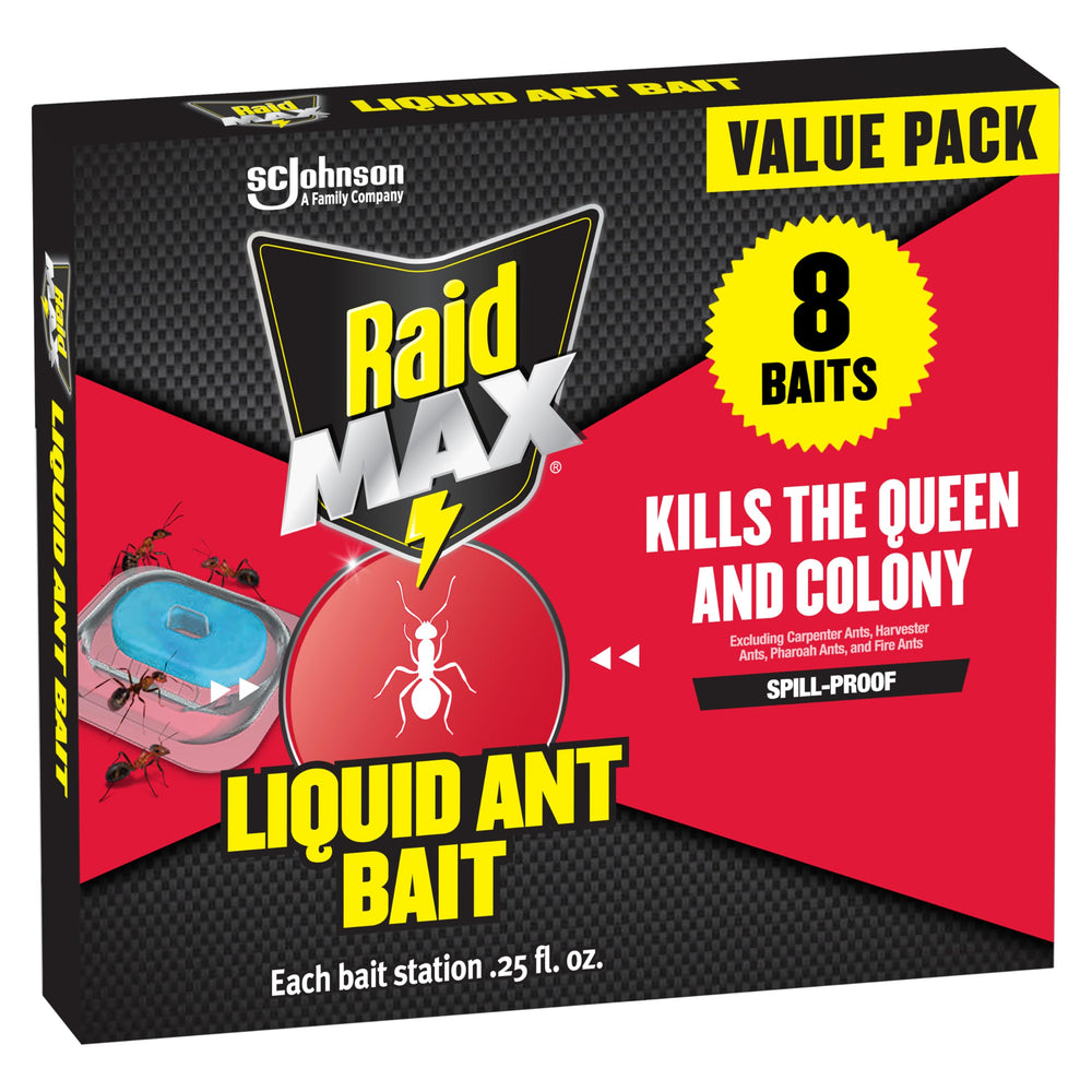 Raid Max Liquid Ant Bait packaging front view, 8 count