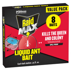 Raid Max Liquid Ant Bait packaging front view, 8 count