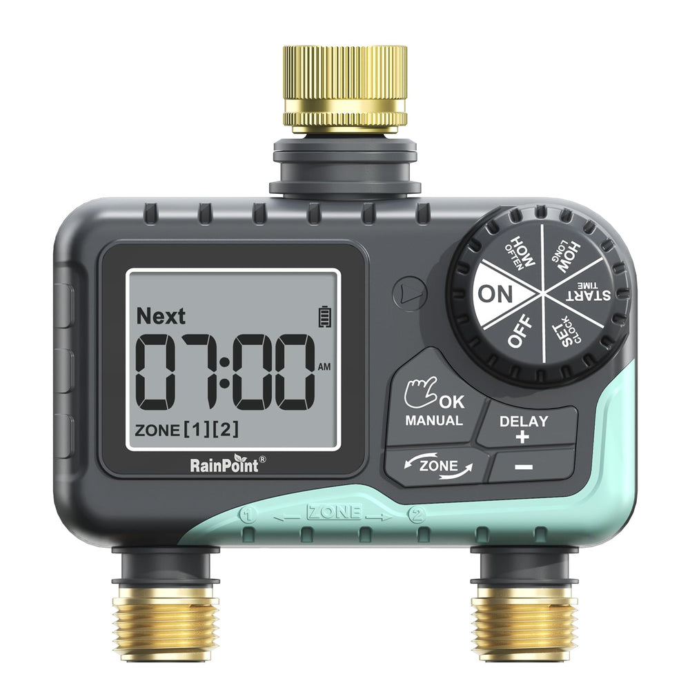RAINPOINT 2 Zone Sprinkler Timer with brass connections, blue model