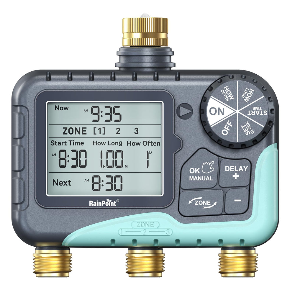 RAINPOINT 3 Zone Water Timer front view with LCD display