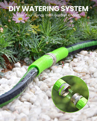 RAINPOINT 50FT Flat Soaker Hose connected to outdoor faucet