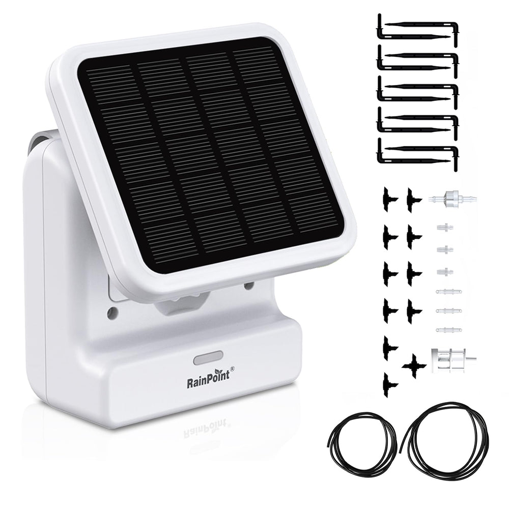 RAINPOINT Smart WiFi Solar Drip Irrigation System front view with solar panel