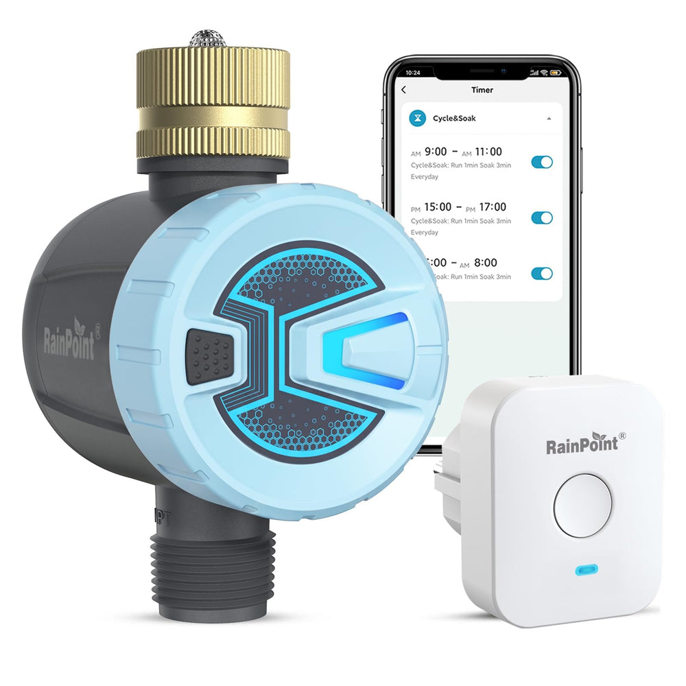 RAINPOINT WiFi Water Timer blue model front view with brass inlet
