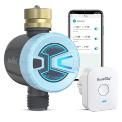 RAINPOINT WiFi Water Timer blue model front view with brass inlet